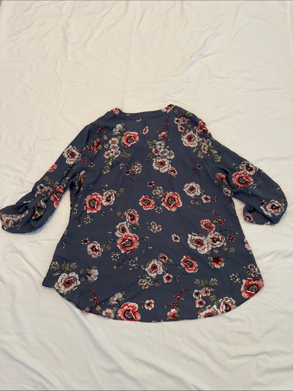 Maurices Navy Floral V-Neck Tunic with Tie Sleeves - Picture 2 of 4